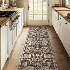 Bath Runner Rug 2x8 Indoor Non-Slip Runner Machine Washable Carpet Runners for Hallway Vintage Tribal Floor Decor for Bedroom Living Room Kitchen Hardwood Floors(Brown，2x8ft)