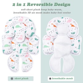 StoHua Infant Car Seat Cushion, Soft Baby Car Seat Head Neck Support, Reversible Newborn Carseat Insert with Strap Covers, Universal Seat Cushion Pad for Carseats, Stroller, Swings, Bouncer, Dinosaurs