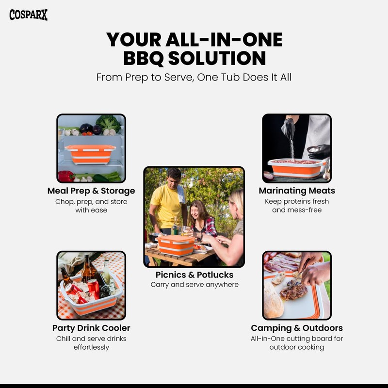 XL Collapsible BBQ Prep Tub with Cutting Board & Drain