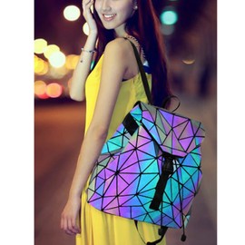 Geometric Luminous Backpack for Women Holographic Reflective Bag Backpack Wallet Clutch Set, Backpack + Zipper Wallet