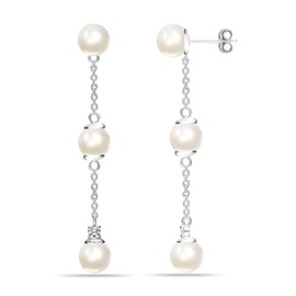 LeCalla 925 Sterling Silver Lightweight Triple Pearl with Cubic Zirconia Cable Chain Long Drop Dangle Stud Earrings for Women Teen 50 MM