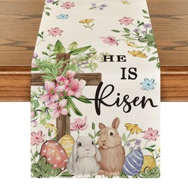Artoid Mode Bunny Rabbits Eggs He is Risen Easter Table Runner, Seasonal Spring Kitchen Dining Table Decoration for Home Party Decor 13x48 Inch