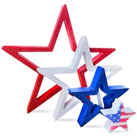 Table Decoration Signs 4th of July: Glitter Wooden Nested Stars Set Tiered Tray Decor - Red White Blue Patriotic Ornaments