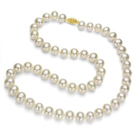 18k Yellow Gold 7-7.5mm White Freshwater Cultured High Luster Pearl Necklace, 18"