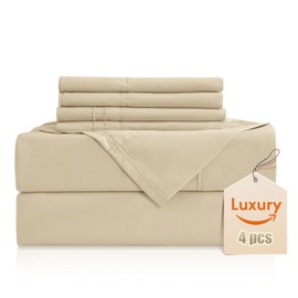 Luxury Silky Soft Bed Sheet Set, 4 Piece,Twin Size, Fits 16 inch Deep Pocket Mattresses, Wrinkle Free & Breathable Cooling, Beige Bedding Sheets (Fitted Sheet, Flat Sheet, Pillowcases)
