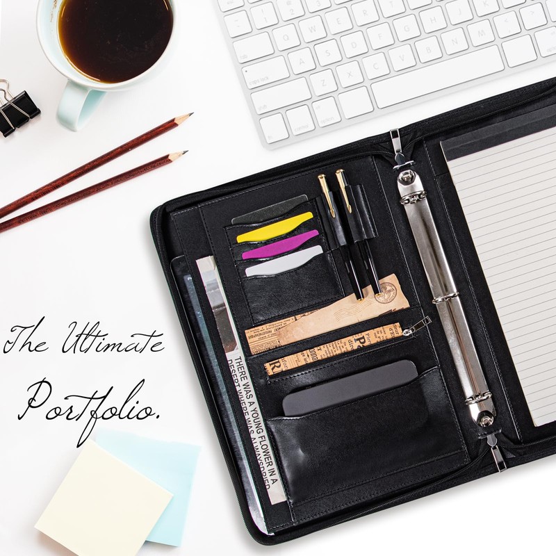 Calfinder 3 Ring Portfolio Binder,PU Leather Padtfolio Binder with Zipper,Padfolios