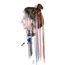 LeeWin 12 Strands 18" Printed Color Synthetic Feather Hair Extension One Clip on Hair Extensions Straight Colored Hair Pieces Hair Accessories for Woman