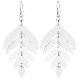 Hanavigar Bohemian Wooden Leaf Lightweight Dangle Drop Earrings Vintage Wood Natural Hollow Simplicity Hook Earrings For Women Jewelry Gifts (White)