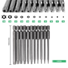 100mm Torx Screwdriver Bit Sets, 11pcs T6-T40 Security Torx Bit Set 1/4 Inch S2 Steel Star Magnetic Screwdrivers Drill Bits Tool