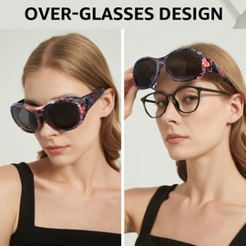 TJUTR Sunglasses Fit Over Glasses for Women, Trendy Oversized Sun Glasses Wrap Around Shades Polarized UV400 Protection (A3 Floral/Grey)