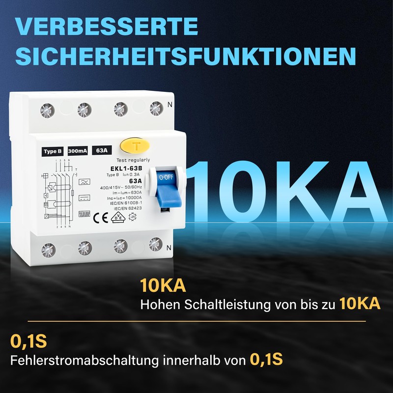 Warmfay FI Circuit Breaker Type B 63A 300mA 4-Pin VDE