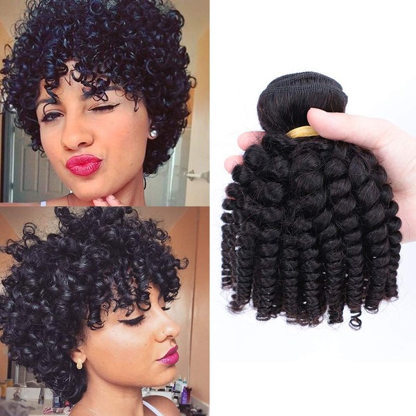 Brazilian Funmi Human Hair Bundles 10 10 10in, Afro Kinky Curly Hair Bundles Short Curly Weave, Unprocessed Brazilian Virgin Human Hair Bouncy Curl Extensions (10" 10" 10", Natural Black)