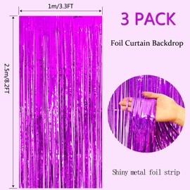3 Pack 3.3x8.2 Feet Foil Fringe Curtains, Purple Tinsel Streamers Backdrop Curtains for Birthday Party Decorations Photo Booth Props Baby Shower Bachelorette Graduation Engagement Gender Reveal
