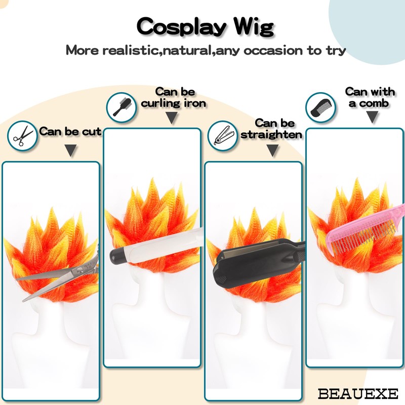 BEAUEXE Short Orange Yellow Ombre Wig Prestyled Spiky Fire Costume