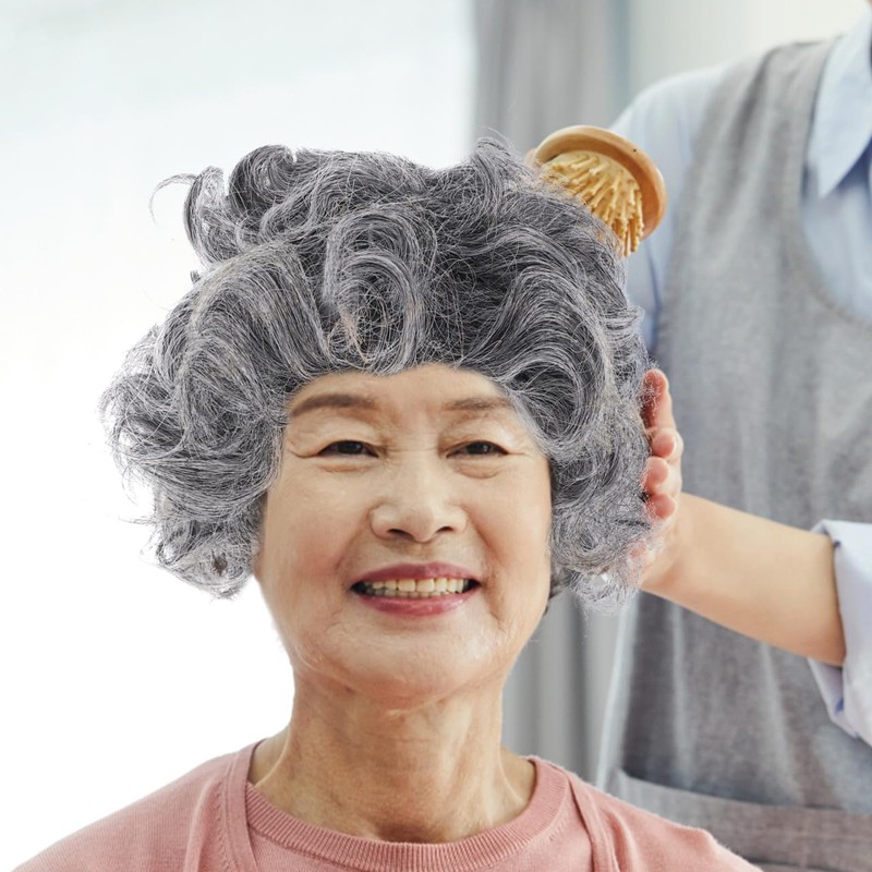 Kisangel Fluffy Grey Wig Old Lady Wig Costume Women Curly