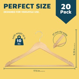 Lifemaster Wooden Hanger Set - 20 Pieces Non-Slip Versatile Closet Space-Saving Hanger Set for Suit, Coat, Camisole, Jacket, Pants, and Dresses with Rotating Swivel Hook - Natural Wood