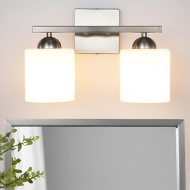 QHANTOMIZE 2 Light Brushed Nickel Vanity Lights for Bathroom, Modern Bathroom Light Fixtures Over Mirror, Vanity Light with Milky White Glass Shades, Farmhouse Wall Lights, E26 Socket