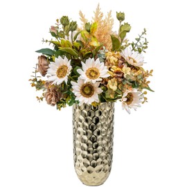 MyGift 10 Inch Tall Tabletop Vase, Modern Brass Tone Large Hammered Metal Flower Arrangement Vase Home Decor - Handcrafted in India