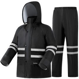 SuznSiax Rain Gear, High Visibility Reflective Safety Jacket, Lightweight Rain Suit, Waterproof Rain Jacket with Pants(Black,Large)