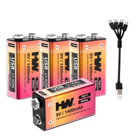 HW Upgrade 1400 mAh 9V Batteries, 4 Pack USB Rechargeable Lithium Batteries for Smoke Detectors, USB-C Fast Charging, 1600 Cycles