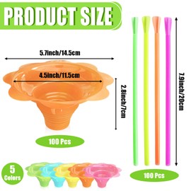 Haayeicai Colorful Flower Plastic Shaved Ice Cups, 200 Pcs 8 oz Snow Cone Cups with Spoon Straws, Reusable Ice Cream Snack Small Bowls for Summer, Birthday, Holiday, Party (5 Colors)