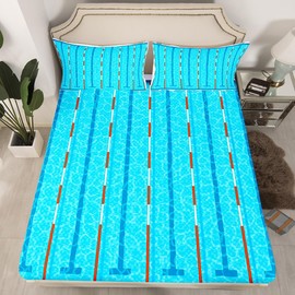 Manfei Swimming Kids Fitted Sheet Queen Size,Swim Sports Games Modern Fashion Bedding Set,Boys Girls Adults Room Decor,Swimming Pool Chic Bed Cover,Blue Unique Bed Sheet,2 Pillowcases