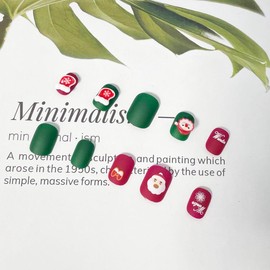 Resweky Christmas French Print on Nails 24 Pieces Snowflake Medium Short False Nails Shiny Tree Artificial False Nails CuteMan Full Cover Acrylic Nails for Women (Red)