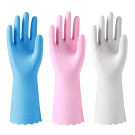 3 Pairs Reusable Rubber Cleaning Gloves Latex Free Kitchen Bathroom Household Gloves with Flocked Cotton Liner(Blue+Pink+White/Small)