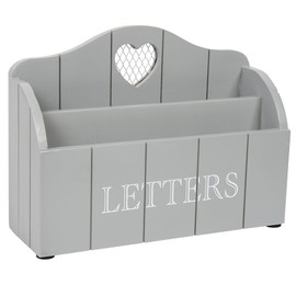 Grey Letter Rack With Contrasting White Letters Wording and Cutout Heart Detail, Twin Compartment Decorative Mail Organiser (Grey)