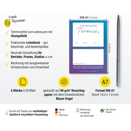 Frank Paperman 300 appointment notes, 6 x appointment pads of 50 sheets, blue, 1 appointment per note, for doctors, naturopaths, physio, massage, studios and much more.