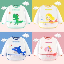Children's Dinosaur Apron Outerwear - Summer Thin Breathable Waterproof Protective Bib for Dining Size 110/Digital Long Sleeve-Shark 3ea