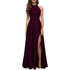MUSHARE Women's Halter Neck Sexy Split Cocktail Party Maxi Long Formal Dress Burgundy