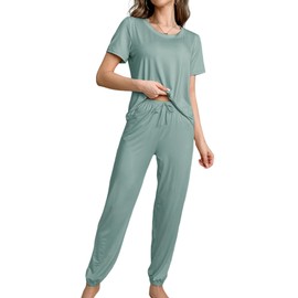 MAIABLEAU Womens 2 Piece Lounge Sets Jogger Pants Set Short Sleeve Cropped Top Casual Outfits Pajamas Green M