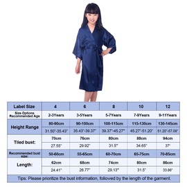 CuteOn Kids Girls Satin Silk Kimono Robe Dressing Gown Bathrobe Nightwear for Spa Wedding Birthday Party Dress Dark Blue Size 7-9Years - (Height 115-130cm)