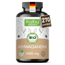 Ashwagandha Capsules Organic High Dosage, 270 Capsules with 2400 mg per Daily Dose, Ashwagandha Root Powder in High Organic Quality, No Additives from German Production I Raibu