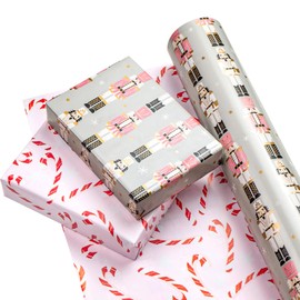 WRAPAHOLIC 30 Inch Jumbo Reversible Nutcracker Christmas Wrapping Paper - 30 Inch x 33 Feet - Nutcracker and Candy Cane Design Printed on Pearlized Paper for Chrsitmas, Holiday, Party Celebration