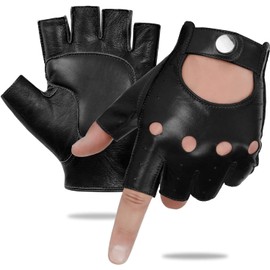 GSG Mens Fingerless Leather Gloves Driving Cycling Motorcycle Half Gloves Unlined 9 Black