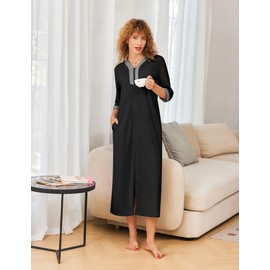 Ekouaer Women's Zipper Robe 3/4 Sleeves Housecoat Full Length Nightgown Soft Loungewear Robe with Pockets(Black, Large)