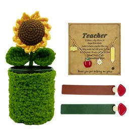 WAFOIRO Teacher Appreciation Gifts Set – Crochet Sunflower Pen Holder, Mushroom Bookmarks, Charm Bracelet, Thank You Gift for Women Book Lovers