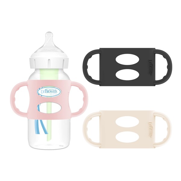 Dr. Brown's Milestones 100% Silicone Baby Bottle Handles, Wide-Neck, Removable Easy-Grip Transitional Sippy Cup Handles, Light Pink, Ecru, Black, 4m+, 3 Pack