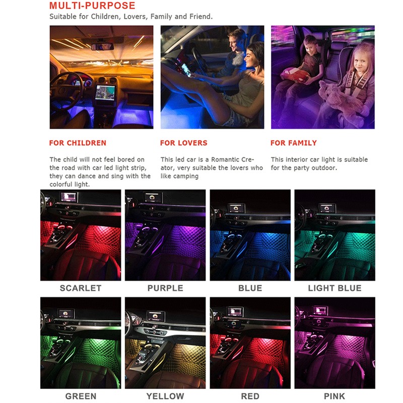 Car LED Strip Light, 4pcs 36 LED DC 12V Multicolor