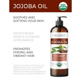 velona Jojoba Oil USDA Certified Organic - 8 fl oz (With Pump) | 100% Pure and Natural | Golden, Unrefined, Cold Pressed, Hexane Free | Moisturizing Face, Hair, Body, Skin Care