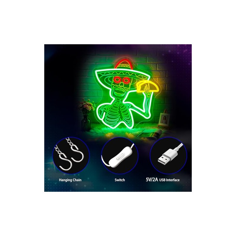 Gdbkabf - Letrero de neón con calaveras de tacos, para