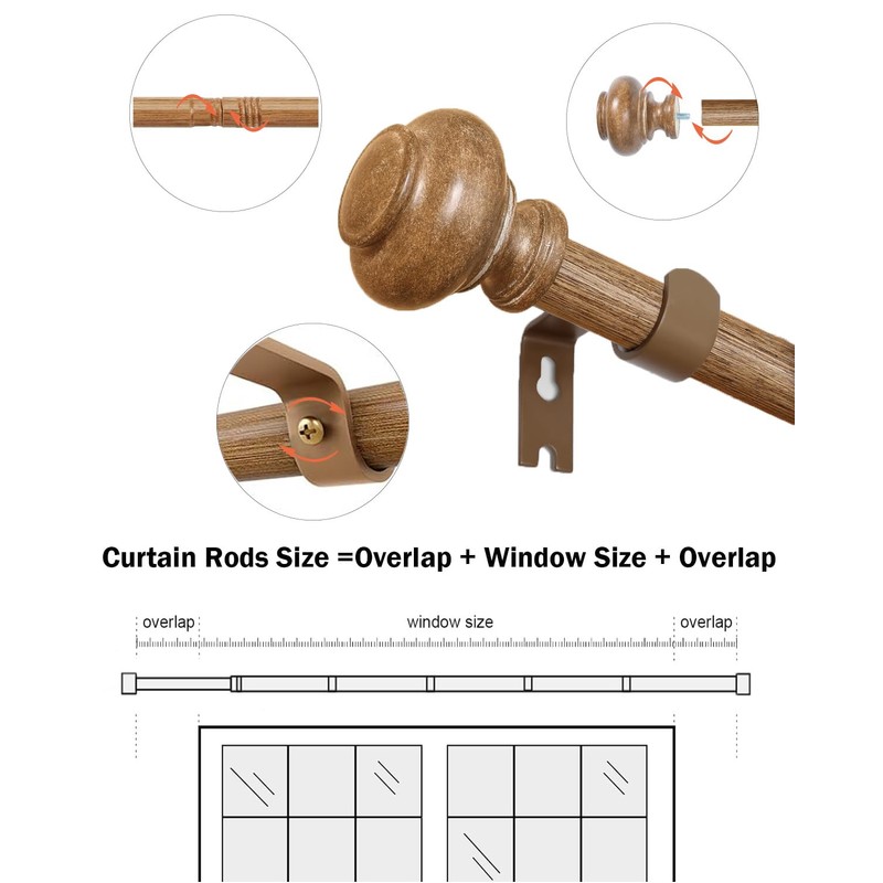 Wood Curtain Rods for Windows 48 to 84 Inch, 1