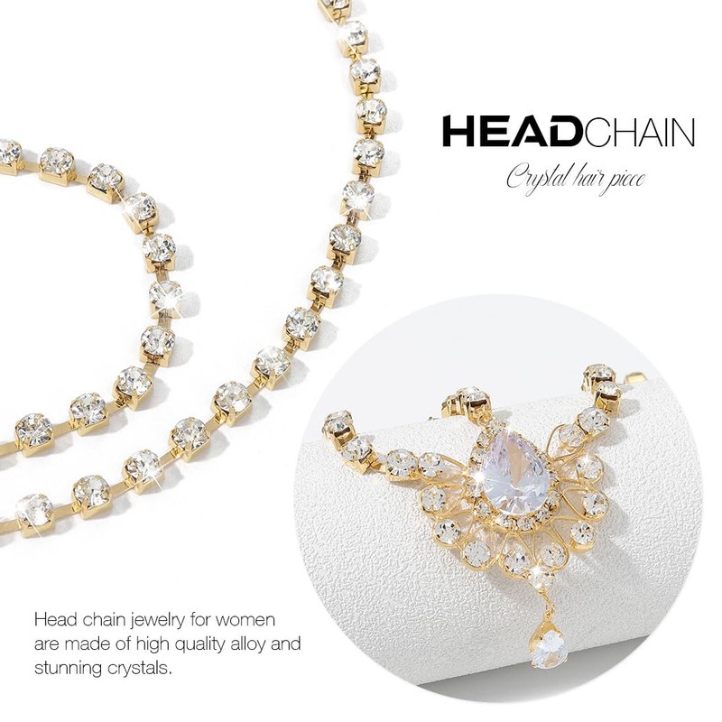 Brishow Crystal Head Chain Jewelry Gold Rhinestone Headpiece Boho Bridal