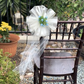 Large Ivory Assembled Wedding Pew Bows with Light Blue Rosebuds & Tulle Tails - 10" Wide, Set of 6, Reception, Aisle Decoration, Bridal Shower, Anniversary, Birthday, School Dance, Formal
