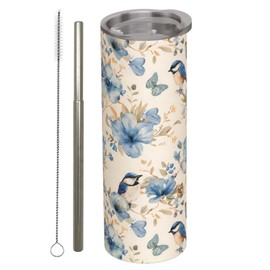 amepay Bluebird and Butterfly Floral Stainless Steel Insulated Tumbler with Lid - 20oz Cute Bird Travel Mug,Reusable Metal Straw & Brush, Double-Wall Vacuum Bottle Cup for Hot and Cold Drinks Gifts