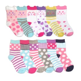 Jefferies Socks Girls Fun Fashion Cats/Dots/Stripes Pattern Variety Crew Socks 12 Pair Pack (M - USA Shoe 12-6 - Age 5-10 Years, Multi)