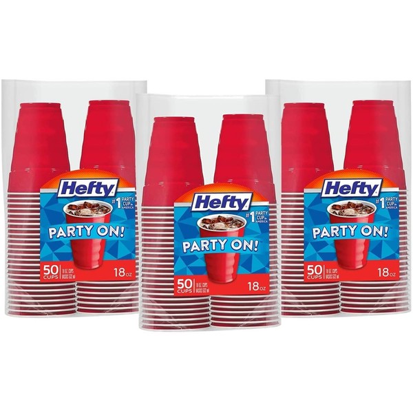 Hefty Party On Disposable Plastic Cups, Red, 18 Ounce, 50 Count (Pack of 3), 150 Total
