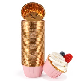 TRUSBER Pink and Gold Foil Cupcake Liners,100 pcs Disposable Muffin Liners 3.5 Oz Wrappers for Baking, Metallic Muffin Paper Cases Baking Cups